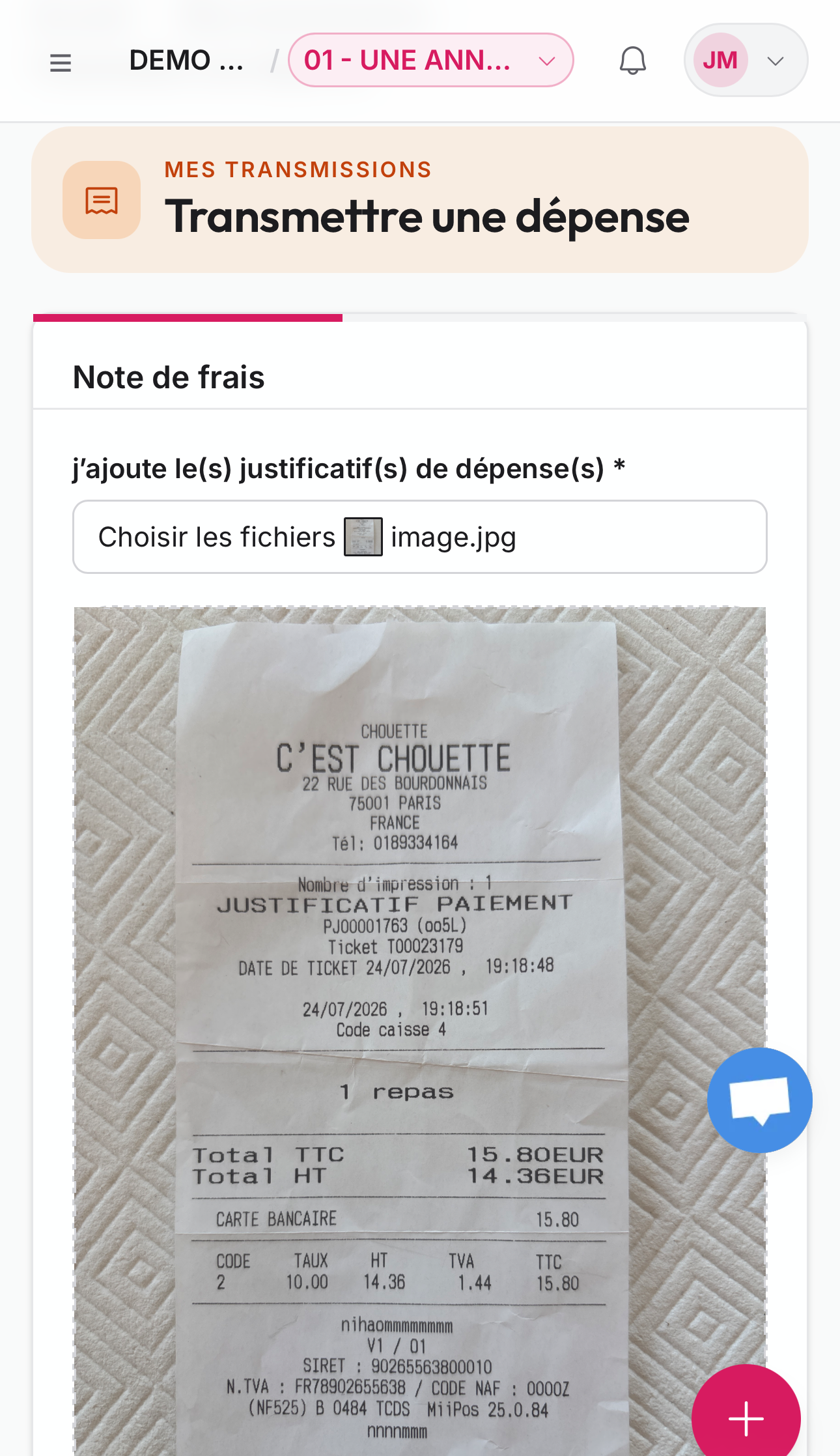 Écran maG sur téléphone : transmettre une dépense, avec le justificatif photographié joint à la note de frais