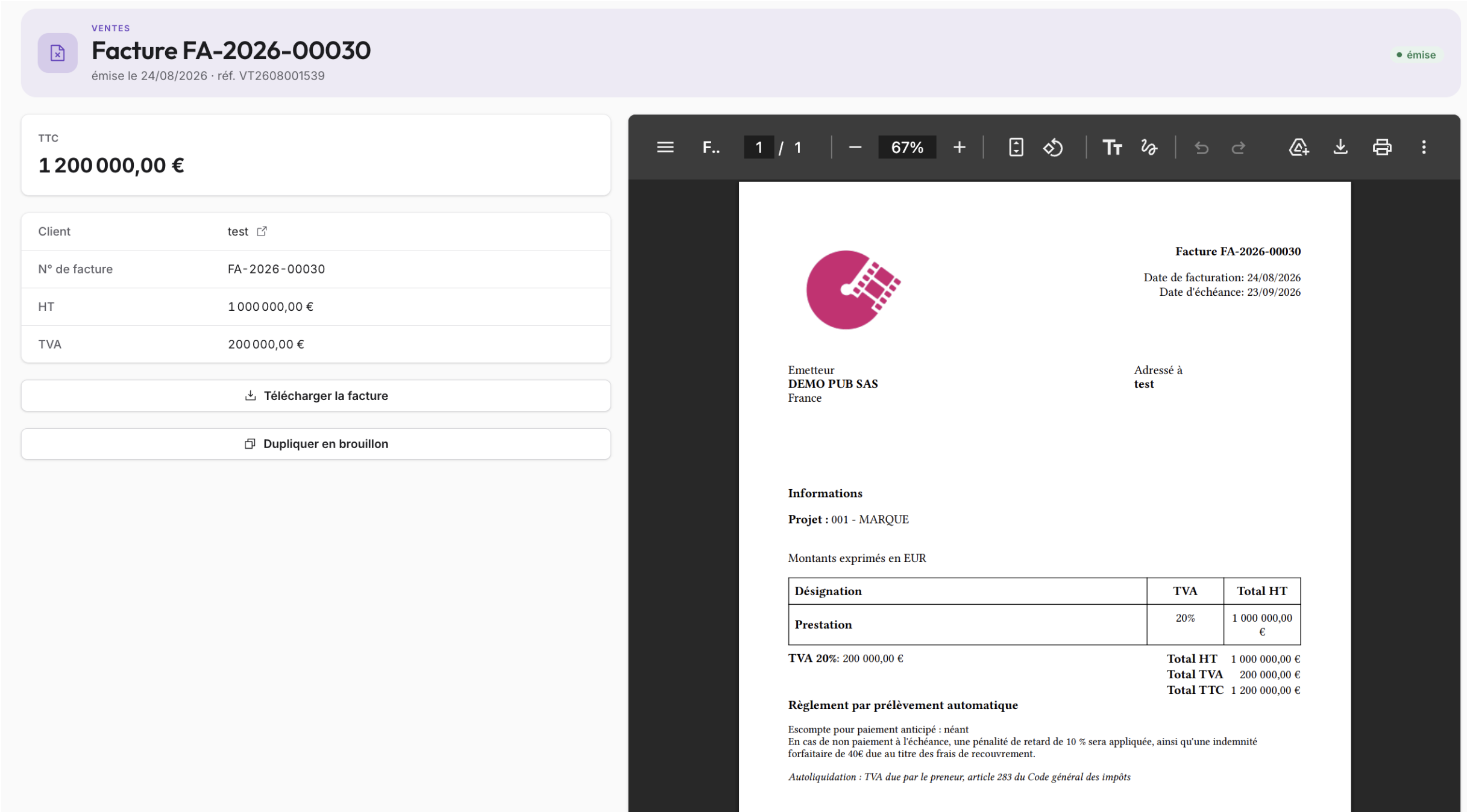 Écran d'une facture de vente émise dans maG, avec son montant HT, la TVA, le client, le projet rattaché et l'aperçu du PDF