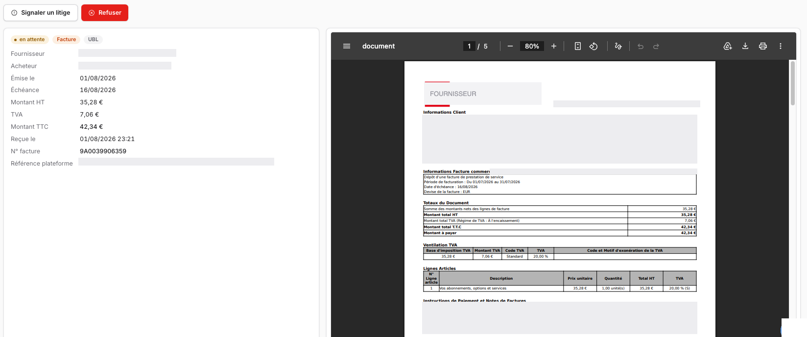 Écran de validation d'une facture électronique dans maG : données lues du fichier à gauche, document original affiché à droite
