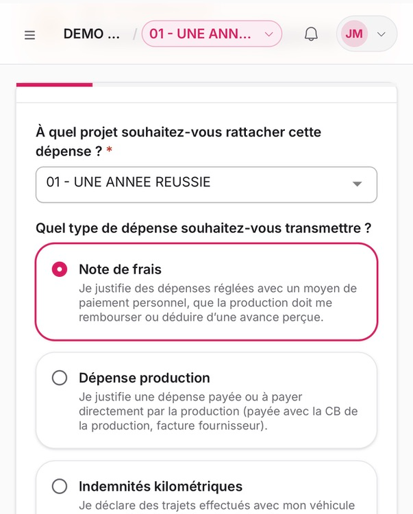 Écran de transmission d'une dépense depuis un téléphone : choix du projet et du type de dépense