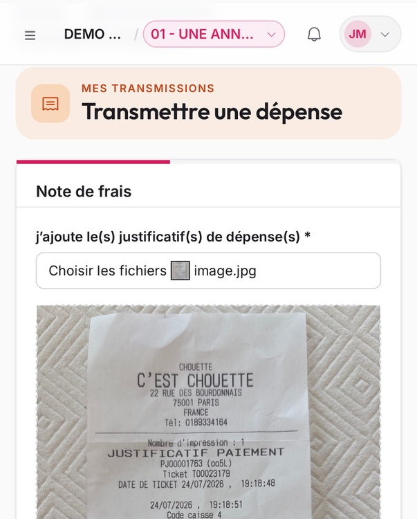 Justificatif photographié depuis le téléphone et joint à la note de frais