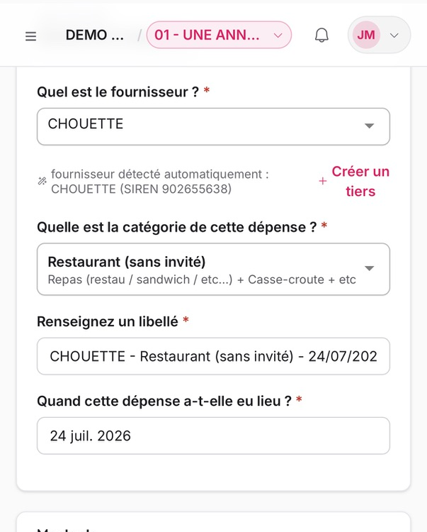 Fournisseur détecté automatiquement, catégorie, libellé et montants HT et TTC pré-remplis