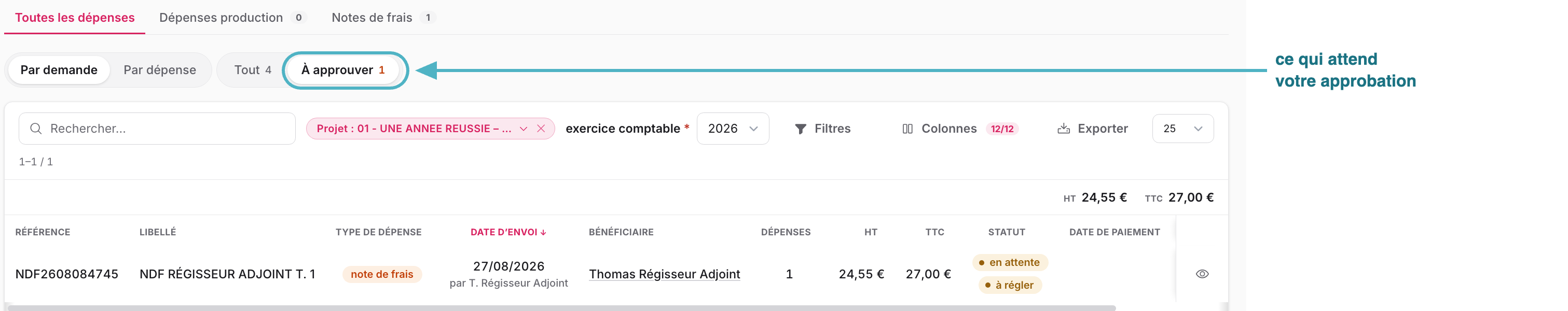 Écran Dépenses de maG : une flèche désigne l'onglet « À approuver » et son compteur ; en dessous, une note de frais de 27,00 € TTC en attente, avec son bénéficiaire et sa date d'envoi.