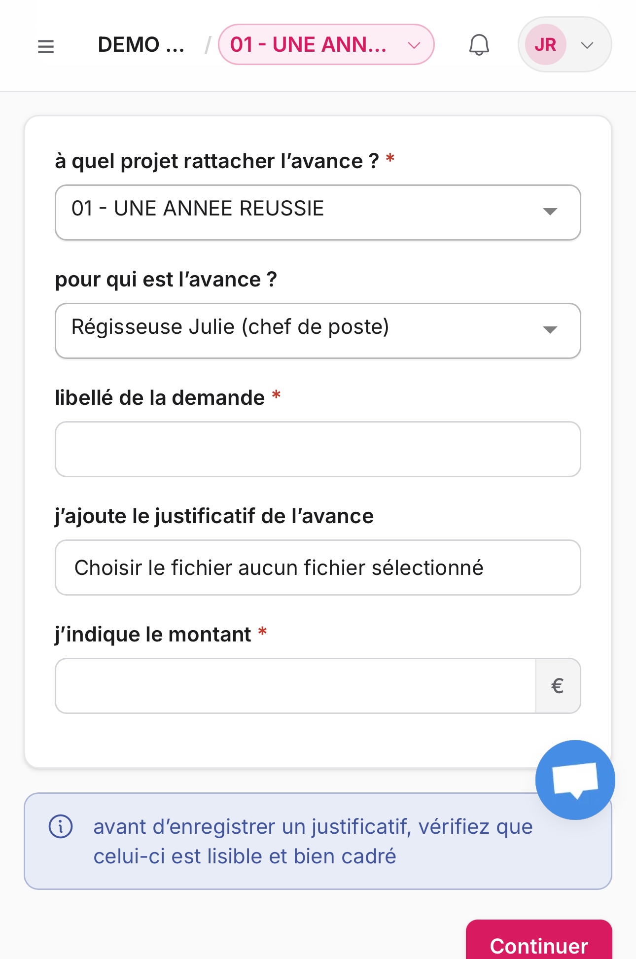 Formulaire de demande d'avance dans maG : projet de rattachement, bénéficiaire, libellé, justificatif et montant, puis le bouton Continuer.