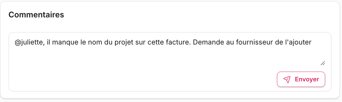 Écran maG : fil de commentaires sur une dépense, avec une demande de complément adressée à une personne de l'équipe
