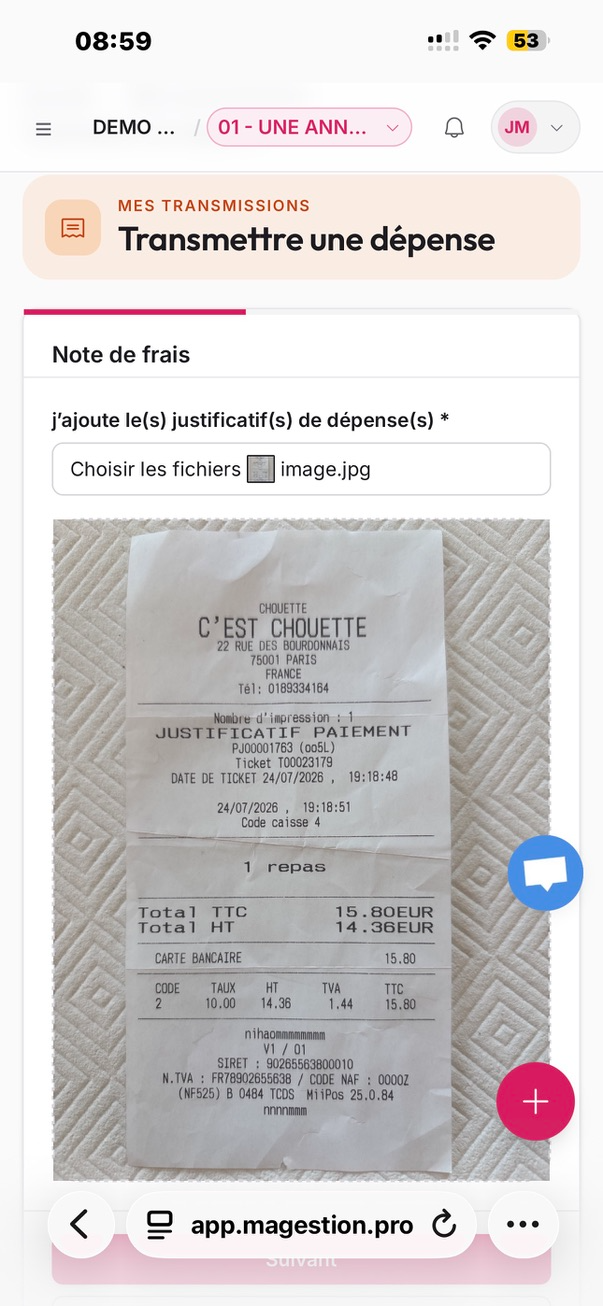 Transmettre une dépense depuis le navigateur du téléphone : le justificatif photographié rejoint la dépense