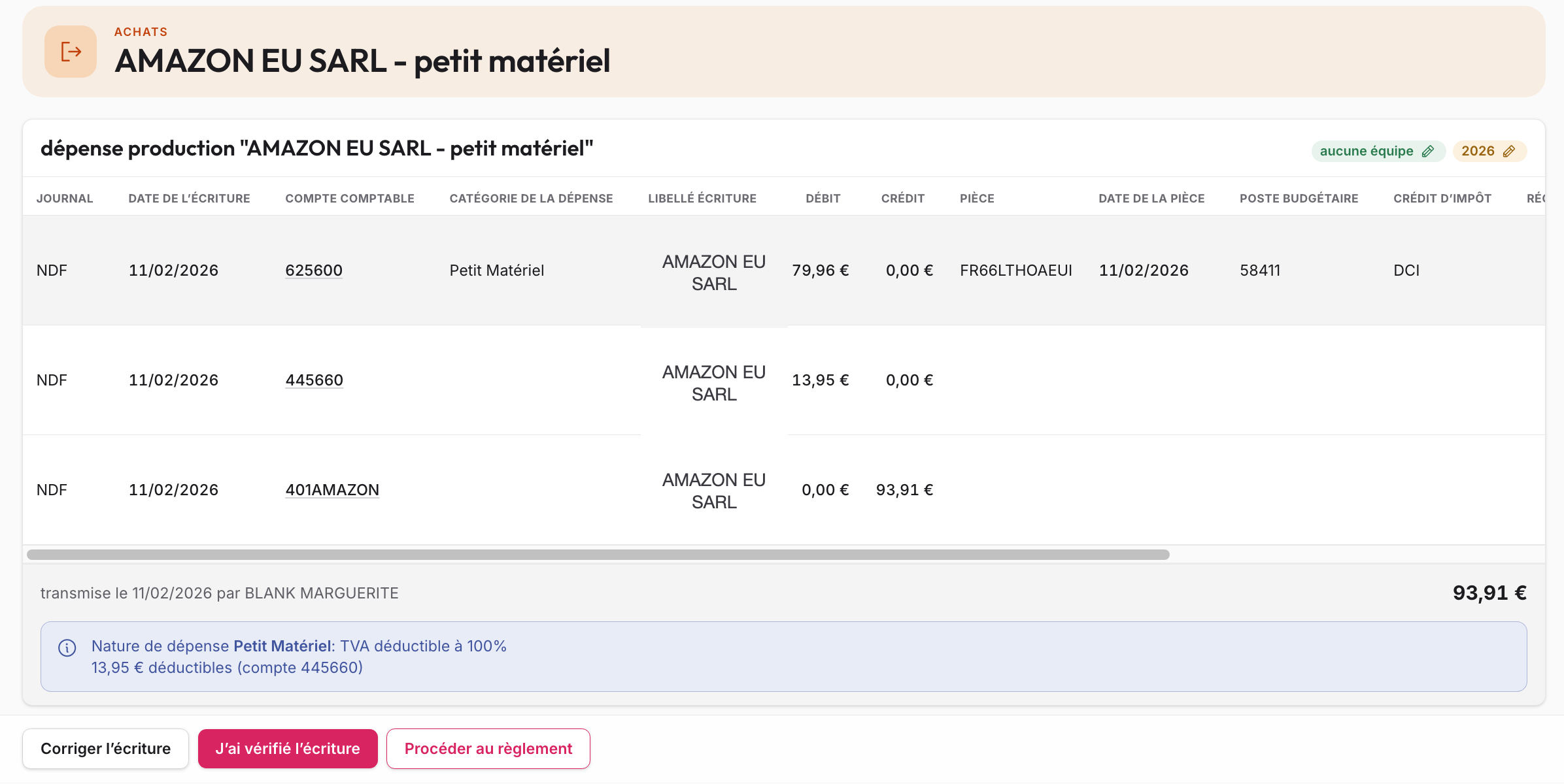 Liste des écritures comptables générées dans maG, avec comptes, montants et axes analytiques