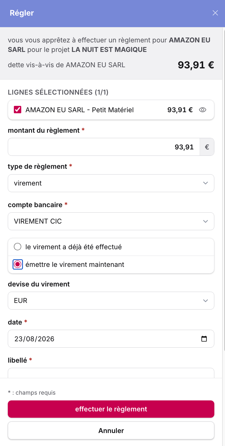 Écran maG : régler une dépense par virement, avec choix du compte bancaire et émission immédiate